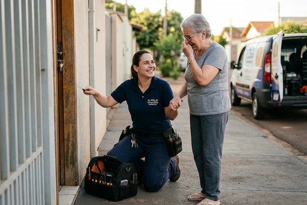 Chaveiro auxiliando uma pessoa em situação de perda de chave.