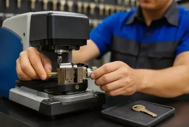 Chaveiro fazendo cópia de chaves utilizando equipamento adequado.