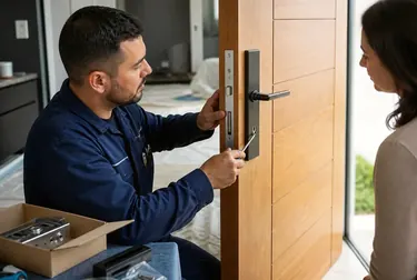 Chaveiro instalando uma nova fechadura em uma porta com ferramentas específicas.