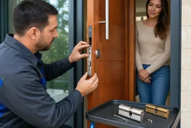 Chaveiro trocando uma fechadura de porta com ferramentas apropriadas.